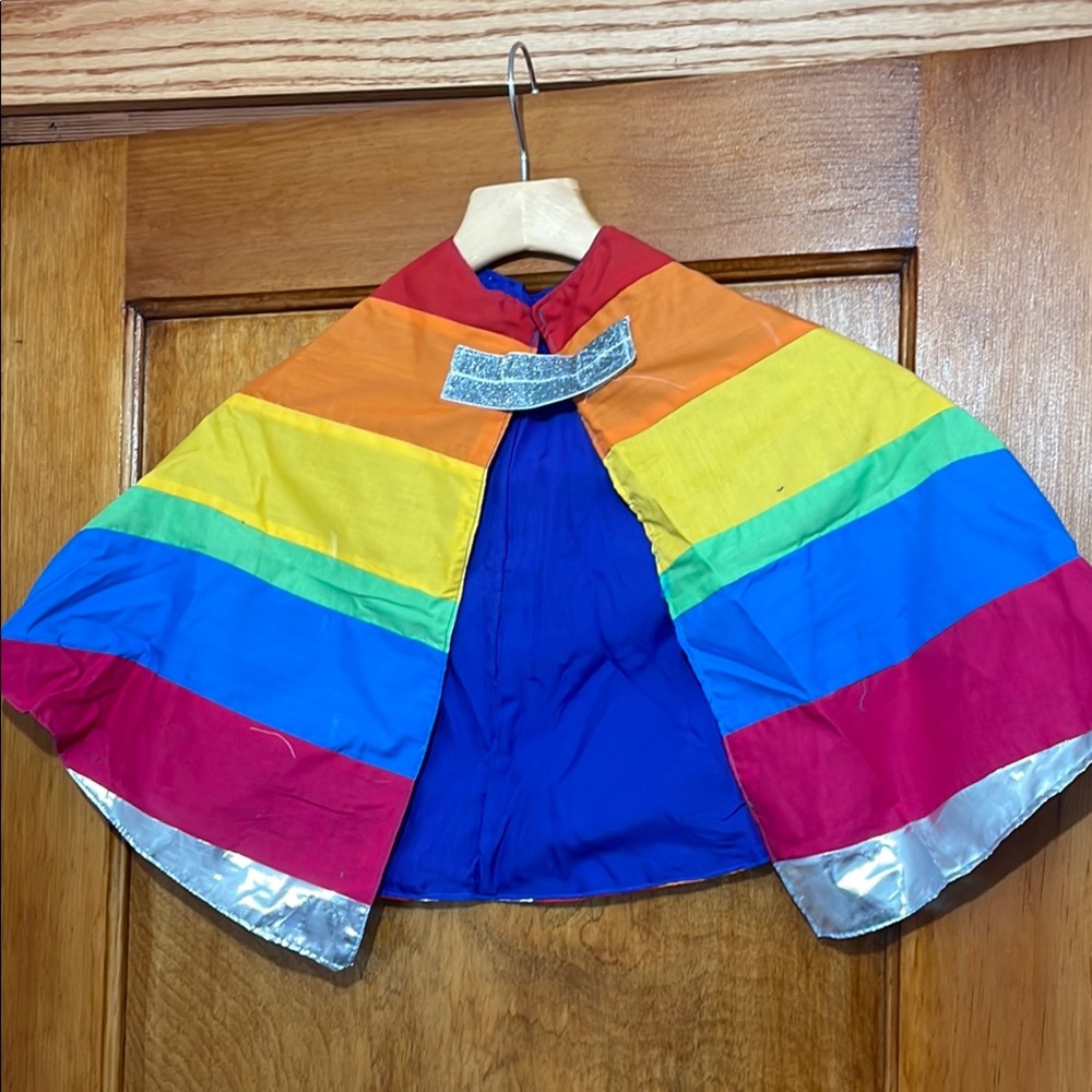 Rainbow Kids Cape with silver accents, perfect for play and Pride